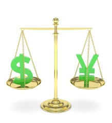 Isolated old fashioned pan scale with dollar and yuan,yen on white background. American and chinese and japanese currency. Currency equality. Green money. 3D rendering.