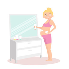 Pregnant woman health care. Cute pregnant woman near mirror with cream. Vector illustration