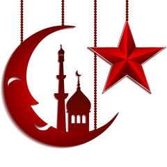 Card with red moon and star for greeting with Islamic holidays Ramadan, Eid al-Fitr, Eid al-Adha. Isolated on white. Raster illustration