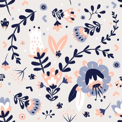 Cute hand drawn leaves and flowers pattern