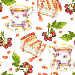 Seamless repeated pattern - tea cup, raspberry berries, dessert cakes. Watercolor