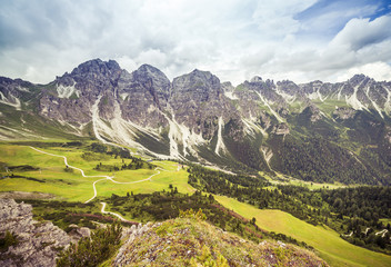 Mountain landscape with trail, green meadow and forest