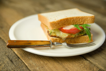 Sandwich with cutlet and vegetables on the plate