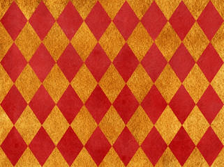 Vintage watercolor red and golden diamond pattern.