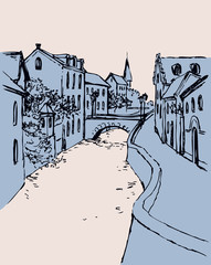 Vector sketch of the narrow medieval street with bridge over the