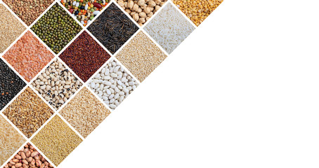 Various kinds of raw rice and legumes collage