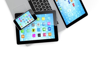 Laptop, phone and tablet pc. 3d rendering.