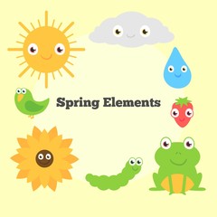 Cartoon spring animals and nature elements