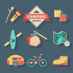 Camping equipment collection in three colors