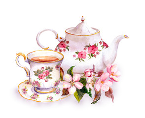 Panele Szklane  Herbata - filiżanka i czajniczek z kwiatami. Vintage projekt akwareli