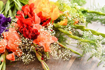 Composition with bouquet of gladiolus flowers
