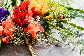 Composition with bouquet of gladiolus flowers
