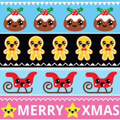 Naklejka premium Christmas cute Kawaii seamless pattern with happy characters 