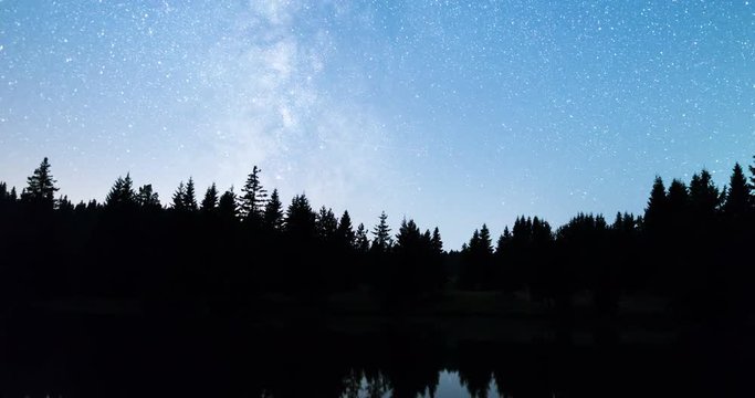 A view of the stars of the Milky Way with a silhouette of a pine trees forest near a lake in the mountain. Falling stars reflection in the water. Comets. Perseid Meteor Shower in 2016. 4k timelapse.