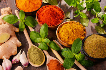 Variety of spices on kitchen table