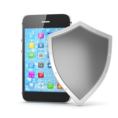 Smartphone and shield on white, security concept. 3d rendering.