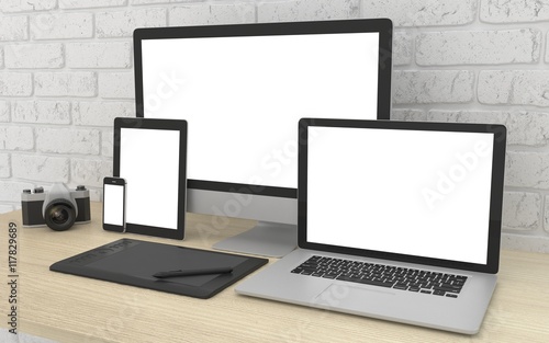 Download "Responsive mockup screen. Monitor, laptop, tablet, phone on table in office. 3d rendering ...