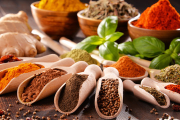 Variety of spices on kitchen table