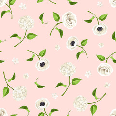 Vector seamless pattern with white lisianthuses, anemones and hydrangea flowers on a pink background.