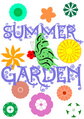 Colorful T-shirt and dress graphic design with "Summer garden" quote and different flowers - Eps10 Vector and illustration