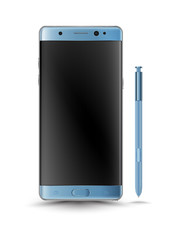 Perfectly detailed new blue smartphones galaxy note 7 style isolation with digital pen. Vector illustration.