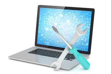 3D Illustration Wrench and screwdriver on laptop, service concept