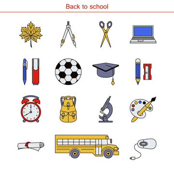 Back to School. Different school objects and  supplies. Isolated vector illustration. Set for flyers, congratulation or Invitation Card .