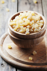 Dried spicy ginger on the wooden table