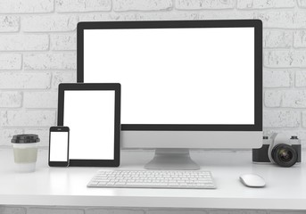 Responsive mockup screen. Monitor, tablet, phone on table in office. 3d rendering.