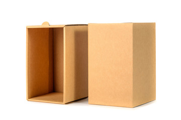Brown cardboard box package with cover, isolated on white backgr