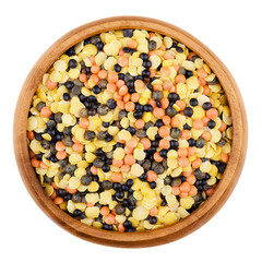 Mixed lentils in a wooden bowl on white background. Yellow, green, red and black beluga lentils, seeds of Lens culinaris, edible raw pulses of legume family. Isolated close up macro photo from above.