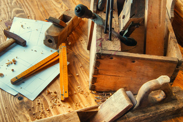 Equipment carpenter on a wooden desk with plans