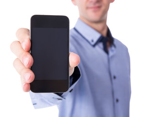 business man showing smart phone with blank screen isolated on w