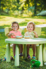 Fototapeta premium Two little girls sitting at a table and eating together against green lawn