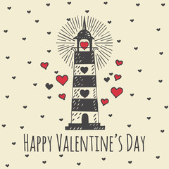Valentines Day card with illustrated heart lighthouse