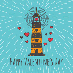 Valentines Day card with illustrated heart lighthouse
