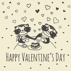 Valentines Day card with illustrated raccoon couple