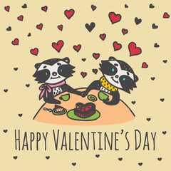 Valentines Day card with illustrated raccoon couple
