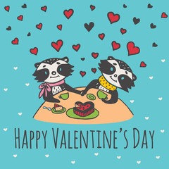 Valentines Day card with illustrated raccoon couple