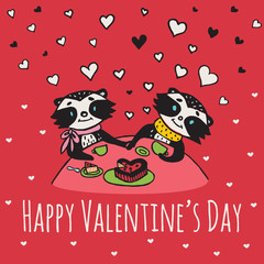 Valentines Day card with illustrated raccoon couple