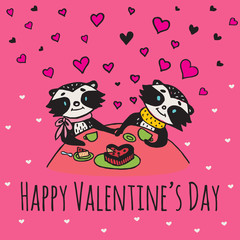 Valentines Day card with illustrated raccoon couple