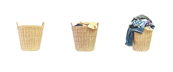 Closeup empty wood weave basket for used clothes and wood weave basket with pile of clothes in house isolated on white background