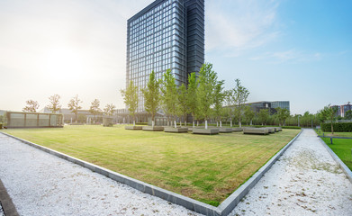 beautiful green field near modern office building