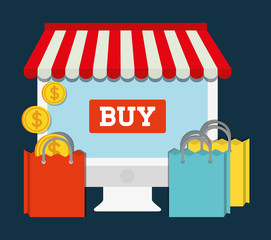 computer shopping bag online store market icon. Flat and Colorfull illustration. Vector graphic