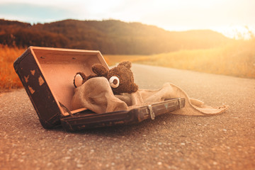 Abandoned, forsaken teddy bear in a vintage luggage suitcase on the asphalt road in the summer sun shine in the nature and beautiful light