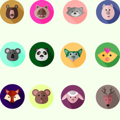 Obraz premium Set of round icons with different wild and domestic animals, fla