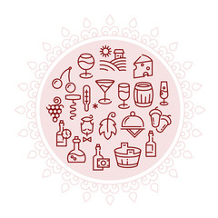 Wine vector logo with linear icons in circle design