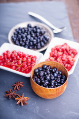 Berry fruits in bowls and dishes