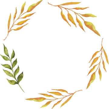 Wreath of yellow and green leaves. Greeting card.Hand drawn vector illustration painted by watercolor.