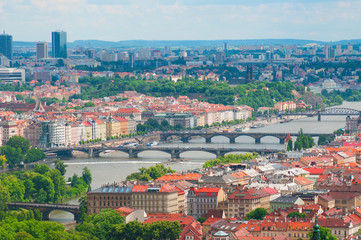 Fototapeta na wymiar Viewing on Vltava river and bridges in Prague
